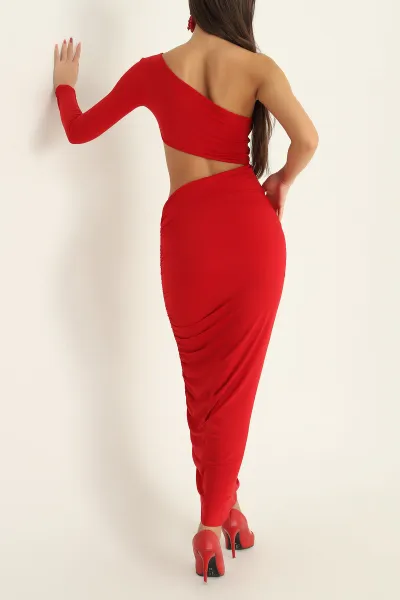 Kırmızı Yan Büzgülü Sendy Tasarım Elbise 305536