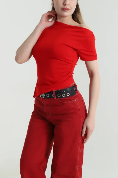 Kırmızı Yanı Büzgülü Kadın Bluz 465399