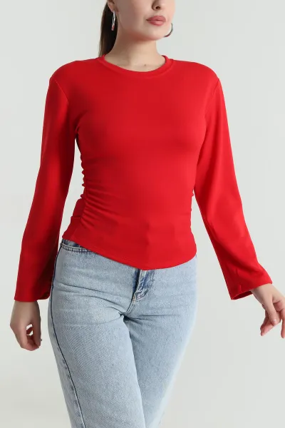 Kırmızı Yanı Büzgülü Modal Kadın Bluz 484398