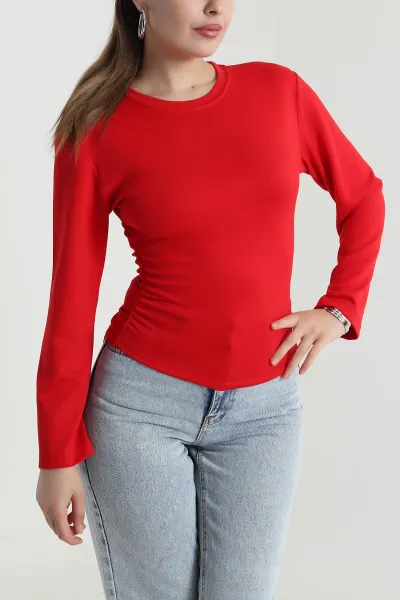 Kırmızı Yanı Büzgülü Modal Kadın Bluz 484398