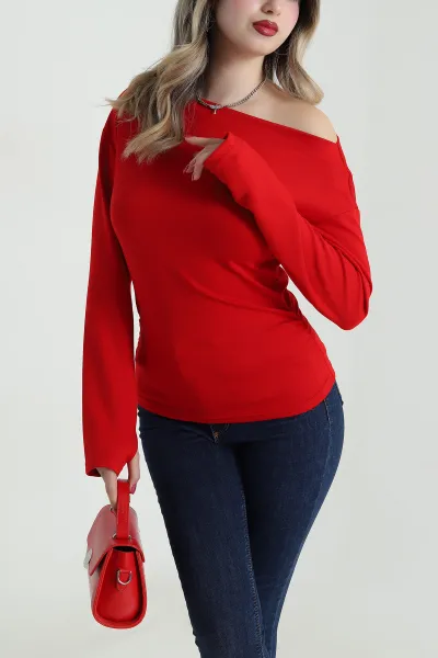 Kırmızı Yanı Büzgülü Modal Kadın Bluz 492233