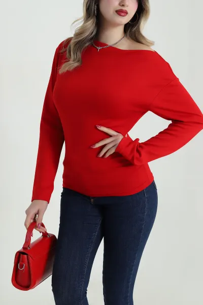 Kırmızı Yanı Büzgülü Modal Kadın Bluz 492233