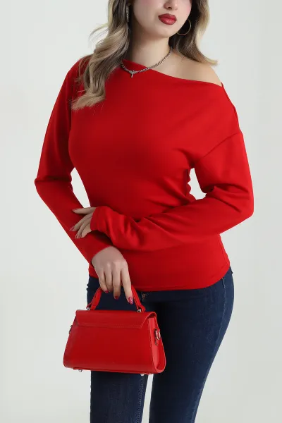 Kırmızı Yanı Büzgülü Modal Kadın Bluz 492233