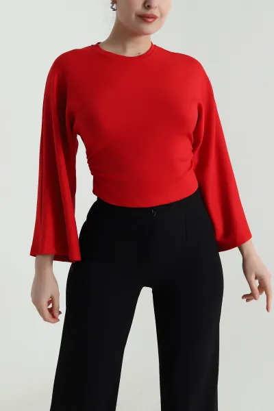 Kırmızı Yanı Büzgülü Modal Kadın Bluz 497727