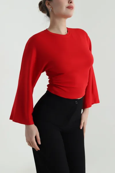 Kırmızı Yanı Büzgülü Modal Kadın Bluz 497727