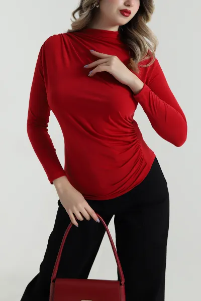 Kırmızı Yanı Büzgülü Sandy Kadın Bluz 496918