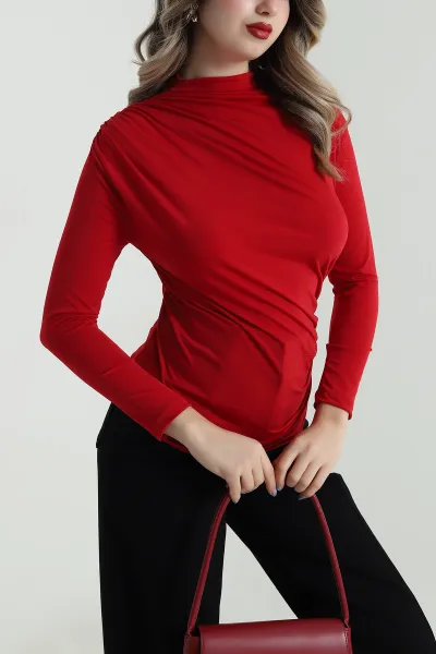 Kırmızı Yanı Büzgülü Sandy Kadın Bluz 496918
