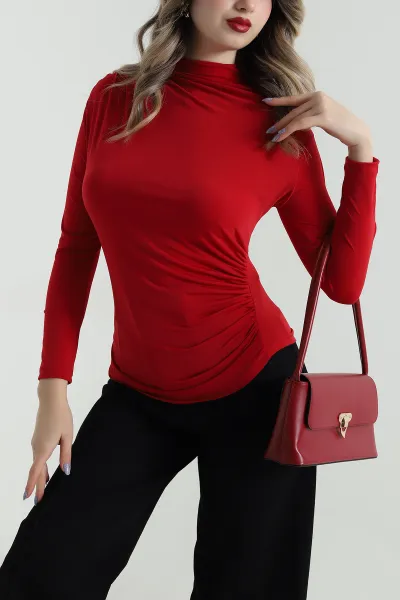 Kırmızı Yanı Büzgülü Sandy Kadın Bluz 496918