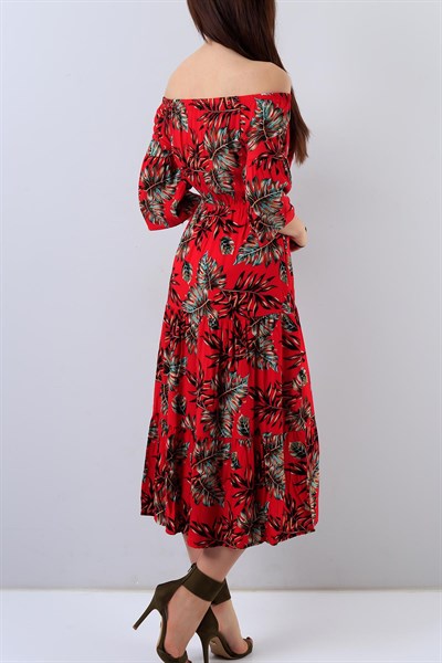 Kırmızı Yaprak Desenli Bayan Elbise 15825B
