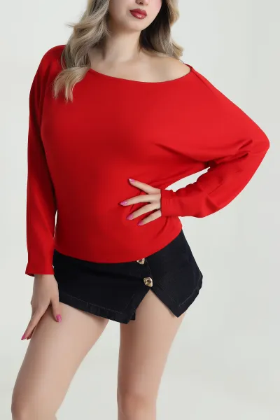 Kırmızı Yarasa Kol Modal Kadın Bluz 483065