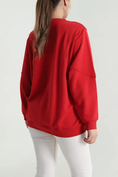 Kırmızı Yarasa Kol Üç İp Kadın Sweat 484455