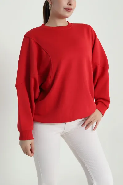 Kırmızı Yarasa Kol Üç İp Kadın Sweat 484455