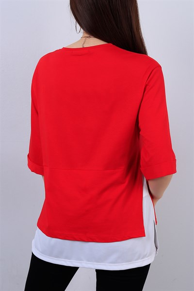 Kırmızı Yazı Detay Bayan Salaş Tişört 14331B