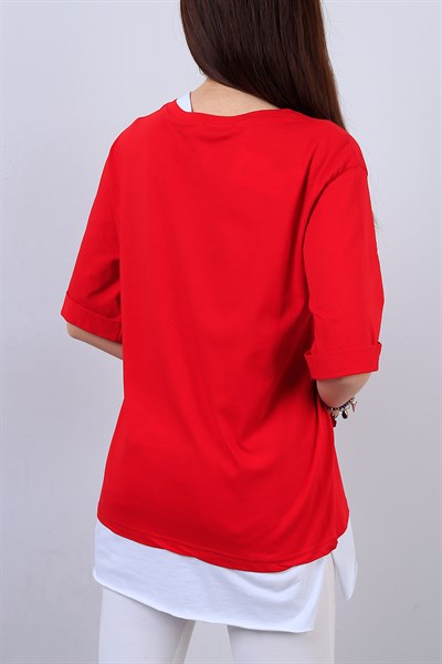 Kırmızı Yazılı Bayan Salaş Tişört 14485B