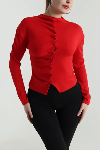 Kırmızı Yeni Sezon Düğmeli Modal Kadın Bluz 496273
