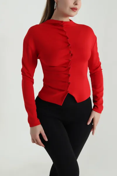 Kırmızı Yeni Sezon Düğmeli Modal Kadın Bluz 496273