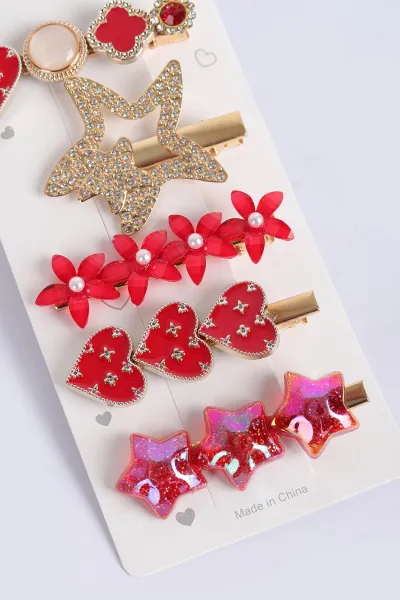 Kırmızı Yıldız Model İncili 5'li Klips Pens Toka Seti 317587