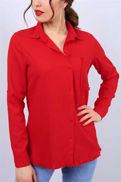 Kırmızı Yırtık Detay Cepli Bayan Gömlek 12178B