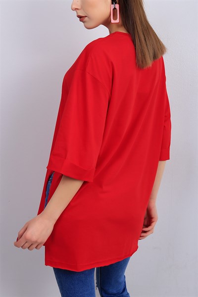 Kırmızı Yırtmaçlı Bayan Salaş Tişört 13201B