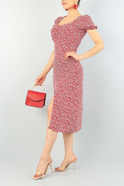 Kırmızı Yırtmaçlı Desenli Dokuma Elbise 66049