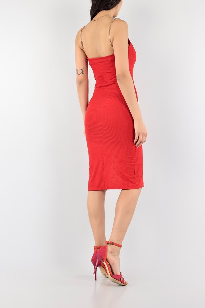 Kırmızı Zincir Askılı Yırtmaçlı Elbise 95605
