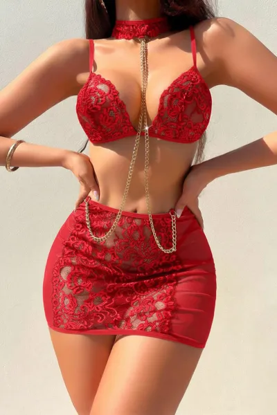 Kırmızı Zincir Detaylı Seksi Mini Fantezi Gecelik 463502