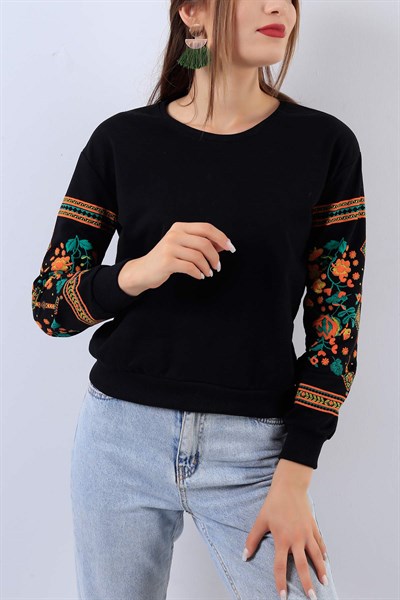 Kol Detaylı Siyah Bayan Sweat 18283B
