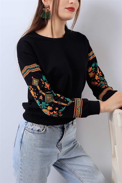 Kol Detaylı Siyah Bayan Sweat 18283B
