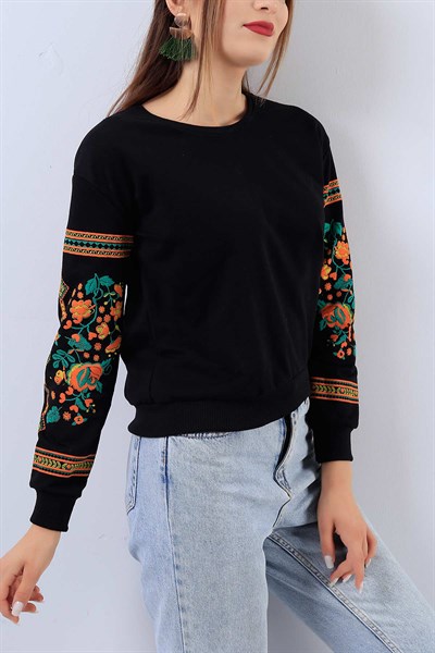 Kol Detaylı Siyah Bayan Sweat 18283B