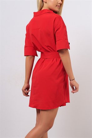 Kol Düğmeli V Yaka Kırmızı Bayan Elbise 8361B
