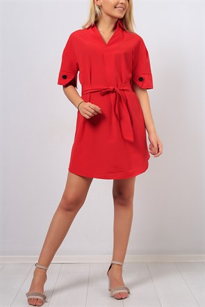 Kol Düğmeli V Yaka Kırmızı Bayan Elbise 8361B