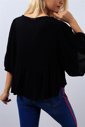 Kol Salaş Desenli Siyah Bayan Bluz Modeli 8920B