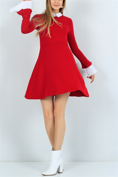 Kol Ve Yaka Detay Kırmızı Triko Elbise 24047B