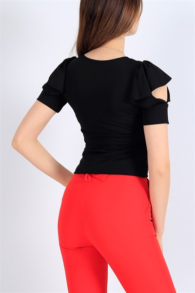 Kolları Fırfırlı Likralı Siyah Bluz 26863B