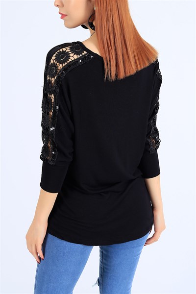 Kolları Pullu Dantelli Siyah Bluz 25661B