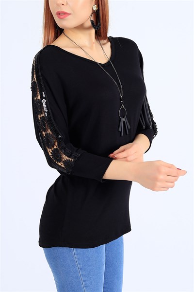 Kolları Pullu Dantelli Siyah Bluz 25661B