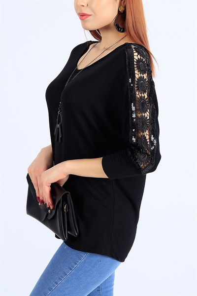 Kolları Pullu Dantelli Siyah Bluz 25661B