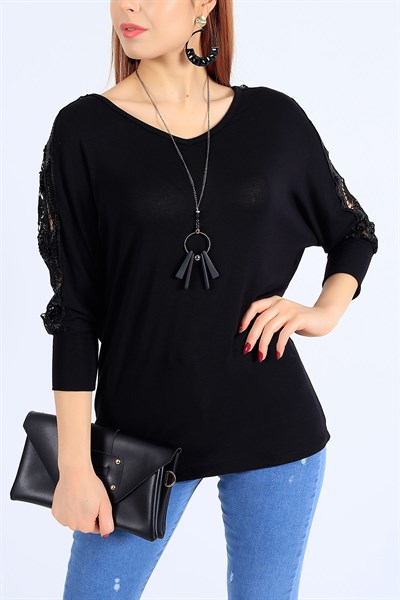 Kolları Pullu Dantelli Siyah Bluz 25661B