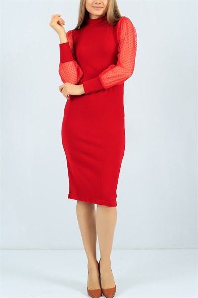 Kolları Tüllü Kırmızı Triko Elbise 24417B