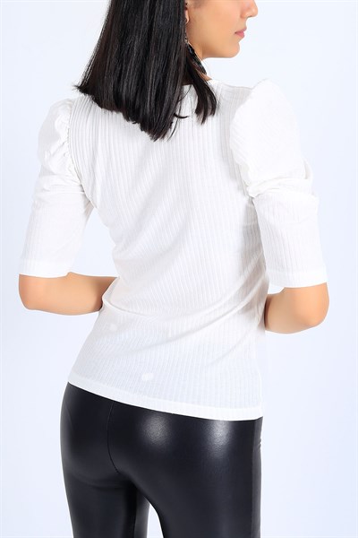 Kolu Bükümlü Likralı Beyaz Bluz 25698B