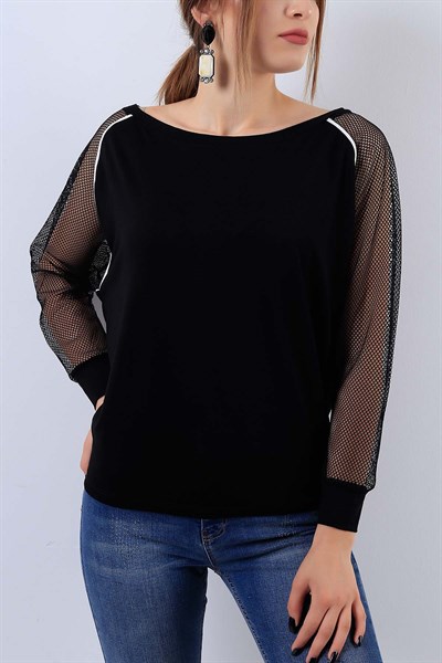 Kolu Fileli Siyah Bluz 17635B