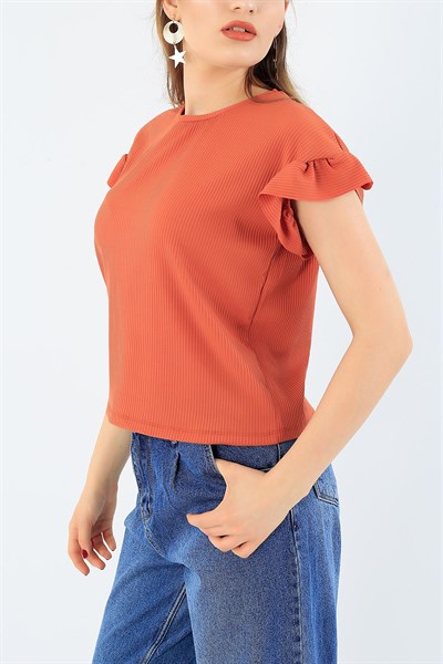 Kolu Fırfırlı Kiremit Bayan Tişört 35309