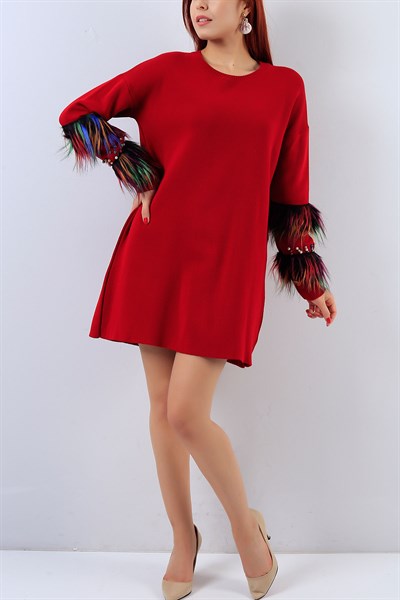 Kolu Püsküllü Kırmızı Triko Elbise 18629B