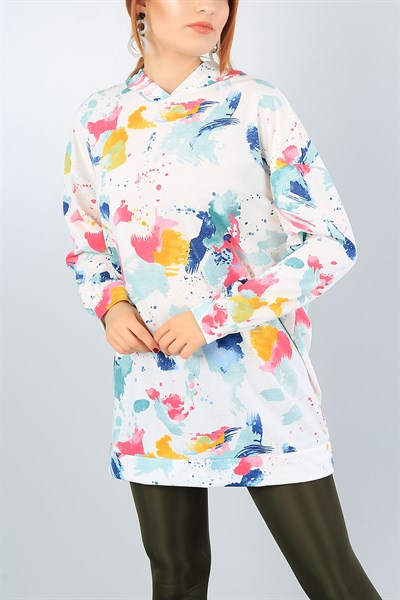 Komple Baskılı Kapüşonlu Salaş Sweat Tunik 40889