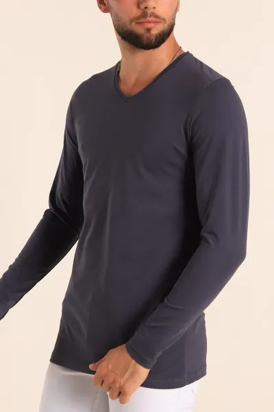 Koyu Antrasit Slim Fit V Yaka Likralı Basic Erkek Sweatshirt 234993