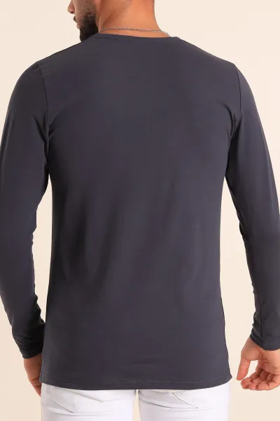 Koyu Antrasit Slim Fit V Yaka Likralı Basic Erkek Sweatshirt 234993