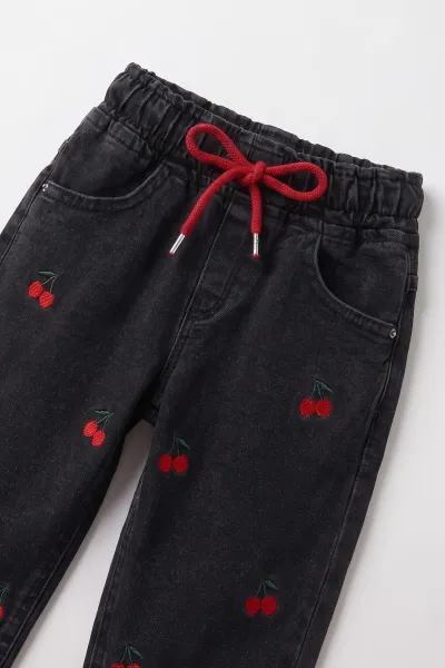 Koyu Füme (1-5 Yaş)Kiraz Nakışlı Beli Lastikli Kız Çocuk&Bebek Kot Pantolon 492878