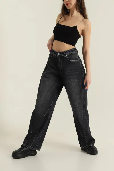 Koyu Füme Paça Çift Pensli Boyfriend Kot Pantolon 424155