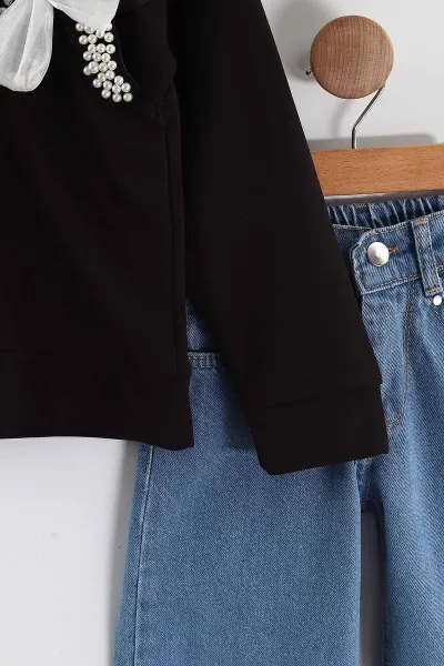 Koyu Kahve  (3-10 Yaş)  İncili Aksesuarlı  Lazer Kesim Kot Pantolonlu Kız Çocuk 2'li Takım 437381