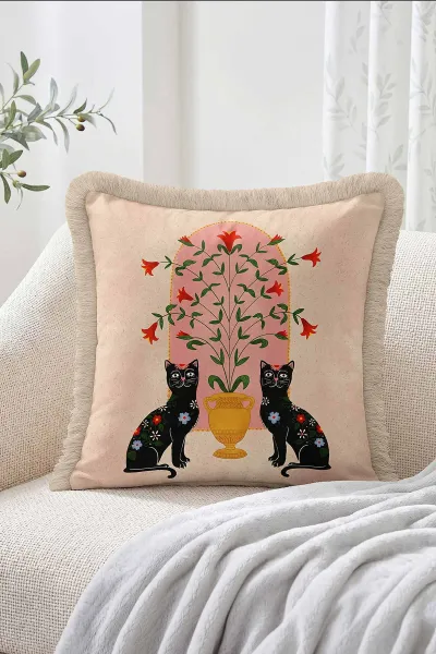 43x43 Cm Dijital Baskılı Fermuarlı Çift Taraflı Saçaklı Kırlent Kılıfı 483476